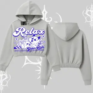 Relax Kedi Baskılı Kapşonlu Crop Sweatshirt