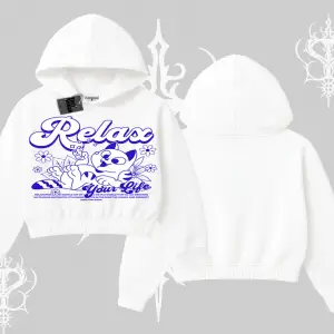 Relax Kedi Baskılı Kapşonlu Crop Sweatshirt