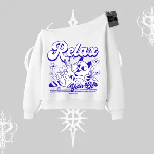 Relax Kedi Baskılı Kayık Yaka Sweatshirt