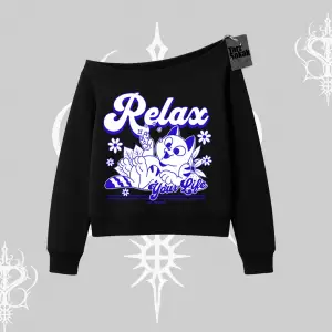 Relax Kedi Baskılı Kayık Yaka Sweatshirt