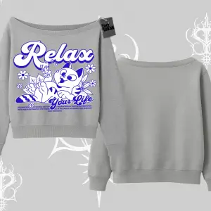 Relax Kedi Baskılı Kayık Yaka Sweatshirt