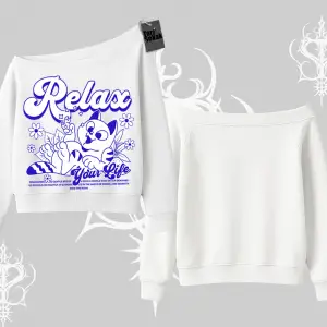 Relax Kedi Baskılı Kayık Yaka Sweatshirt