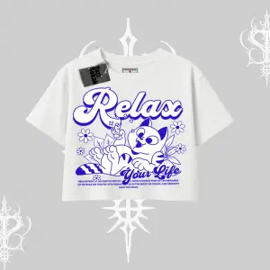 Relax Kedi Baskılı Oversize Crop Tshirt
