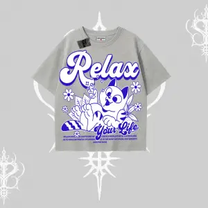 Relax Kedi Baskılı Oversize Tshirt