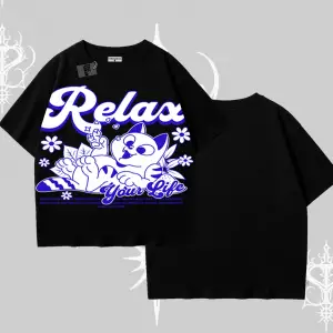 Relax Kedi Baskılı Oversize Tshirt