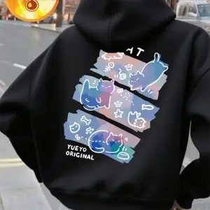 Renkli Üç Kedi Trendy Baskılar Kapüşonlular Kadın Rahat Gevşek Kazak Kış Polar Sıcak Kazak Te