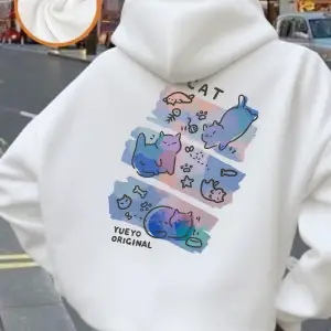 Renkli Üç Kedi Trendy Baskılar Kapüşonlular Kadın Rahat Gevşek Kazak Kış Polar Sıcak Kazak Te