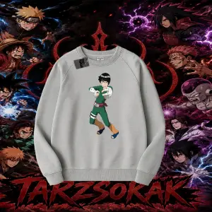 Rock Lee Naruto Anime Karakter Oversize Unisex Bisiklet Yaka Sweatshirt Beyaz