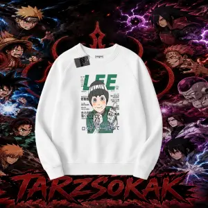 Rock Lee Naruto Anime Karakter Oversize Unisex Bisiklet Yaka Sweatshirt Beyaz