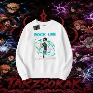 Rock Lee Naruto Anime Karakter Oversize Unisex Bisiklet Yaka Sweatshirt Beyaz