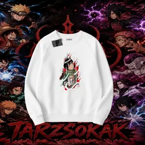 Rock Lee Naruto Anime Karakter Oversize Unisex Bisiklet Yaka Sweatshirt Beyaz