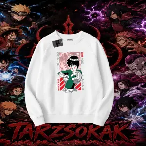 Rock Lee Naruto Anime Karakter Oversize Unisex Bisiklet Yaka Sweatshirt Beyaz