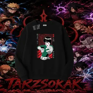 Rock Lee Naruto Anime Karakter Oversize Unisex Bisiklet Yaka Sweatshirt Beyaz