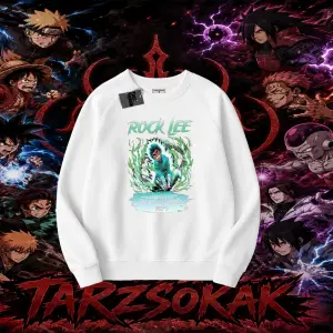 Rock Lee Naruto Anime Karakter Oversize Unisex Bisiklet Yaka Sweatshirt Beyaz