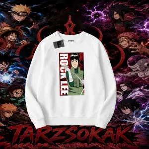 Rock Lee Naruto Anime Karakter Oversize Unisex Bisiklet Yaka Sweatshirt Beyaz