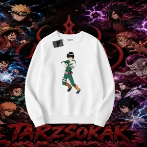 Rock Lee Naruto Anime Karakter Oversize Unisex Bisiklet Yaka Sweatshirt Beyaz
