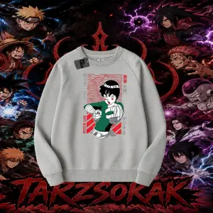 Rock Lee Naruto Anime Karakter Oversize Unisex Bisiklet Yaka Sweatshirt Beyaz