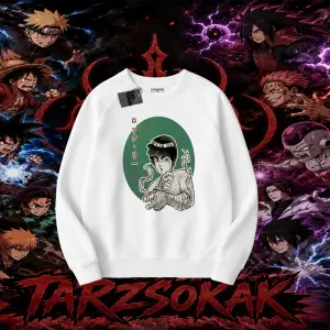 Rock Lee Naruto Anime Karakter Oversize Unisex Bisiklet Yaka Sweatshirt Beyaz