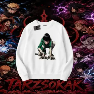 Rock Lee Naruto Anime Karakter Oversize Unisex Bisiklet Yaka Sweatshirt Beyaz