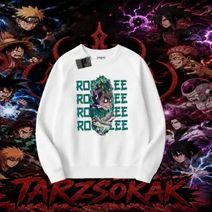 Rock Lee Naruto Anime Karakter Oversize Unisex Bisiklet Yaka Sweatshirt Beyaz
