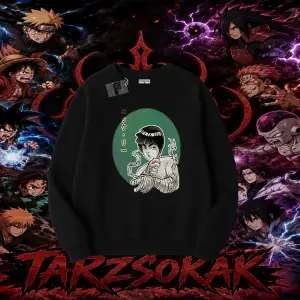 Rock Lee Naruto Anime Karakter Oversize Unisex Bisiklet Yaka Sweatshirt Beyaz