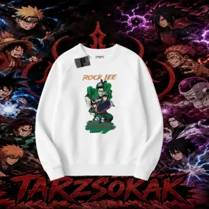 Rock Lee Naruto Anime Karakter Oversize Unisex Bisiklet Yaka Sweatshirt Beyaz