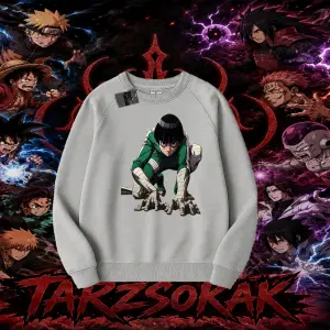 Rock Lee Naruto Anime Karakter Oversize Unisex Bisiklet Yaka Sweatshirt Beyaz