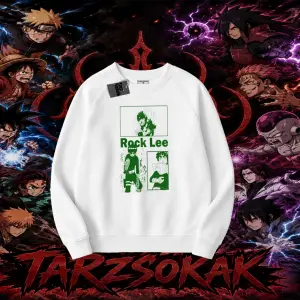 Rock Lee Naruto Anime Karakter Oversize Unisex Bisiklet Yaka Sweatshirt Beyaz