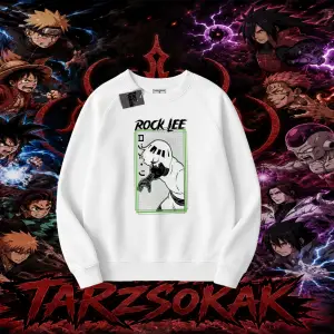 Rock Lee Naruto Anime Karakter Oversize Unisex Bisiklet Yaka Sweatshirt Beyaz