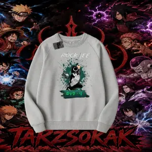 Rock Lee Naruto Anime Karakter Oversize Unisex Bisiklet Yaka Sweatshirt Beyaz