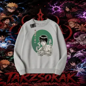Rock Lee Naruto Anime Karakter Oversize Unisex Bisiklet Yaka Sweatshirt Beyaz