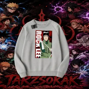 Rock Lee Naruto Anime Karakter Oversize Unisex Bisiklet Yaka Sweatshirt Beyaz
