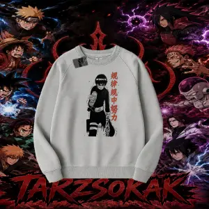 Rock Lee Naruto Anime Karakter Oversize Unisex Bisiklet Yaka Sweatshirt Beyaz