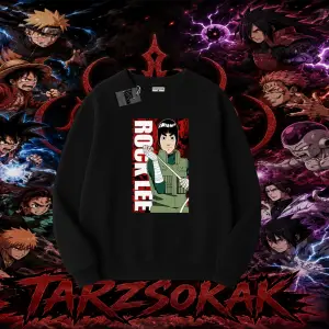 Rock Lee Naruto Anime Karakter Oversize Unisex Bisiklet Yaka Sweatshirt Beyaz
