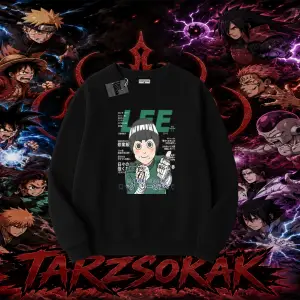 Rock Lee Naruto Anime Karakter Oversize Unisex Bisiklet Yaka Sweatshirt Beyaz