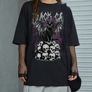 ROMWE Goth Kafatası ve Kedi Baskılı Damla Omuz Tişört