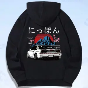 ROMWE Guys Car & Japanese Letter Graphic Drawstring Hoodie Siyah