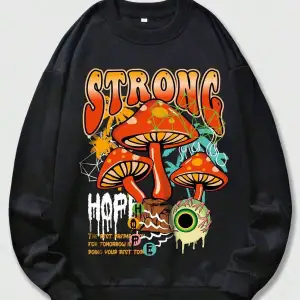ROMWE Street Life Guys Mushroom And Slogan Graphic Sweatshirt Siyah