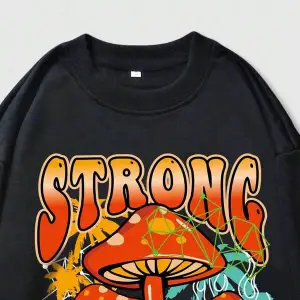 ROMWE Street Life Guys Mushroom And Slogan Graphic Sweatshirt Siyah