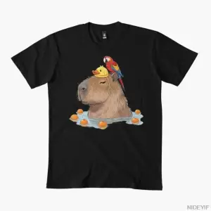 Sağlıklı Kapibara ile Amerika Papağanı Tişörtü Erkekler Kadınlar için % 100% Pamuklu Tişörtle
