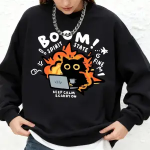 Sakin olun devam edin kedi baskı tişörtü bayan sonbahar büyük boy Jogger kapüşonlular temel u