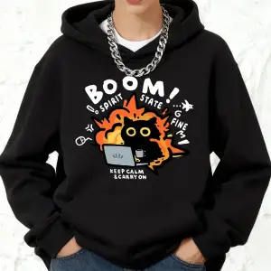 Sakin Olun Devam Edin Kedi Baskılı Pamuklu Kapüşonlu Üstler Kadınlar İçin Cepli Jogging Sweat