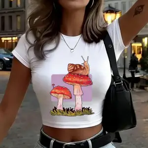 Salyangoz Mantar Baskı Bayan Babby TeeT-Shirt Yaz Yumuşak Yüksek Elastik Üstler O-Boyun Kısa Koll