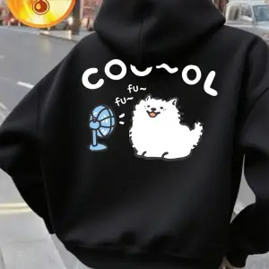 Samoyed Fanlı Baskılı Kapüşonlu Üstler Kadınlar Kışlık Polar Sıcak Kazak Temel Cepli Sweatshi