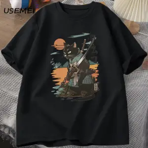 Samuray Kedi T-Shirt Japon Tarzı Kedi Tasarımcı Vintage Tshirt Casual Erkek Grafik T Shirt Pa 2902
