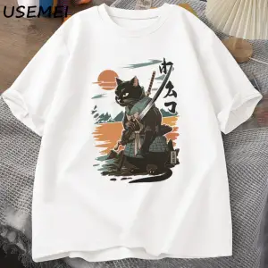 Samuray Kedi T-Shirt Japon Tarzı Kedi Tasarımcı Vintage Tshirt Casual Erkek Grafik T Shirt Pa 2902