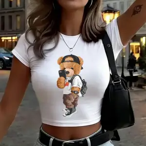 Şapkalı Havalı Ayı Selfie Baskılı Kadın Babby TeeTişörtleri Yazlık Yumuşak Yüksek Esnek Üstler Yu