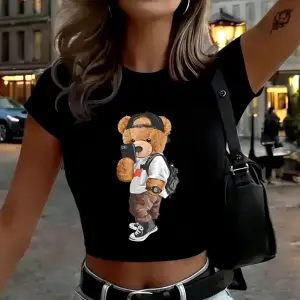 Şapkalı Havalı Ayı Selfie Baskılı Kadın Babby TeeTişörtleri Yazlık Yumuşak Yüksek Esnek Üstler Yu
