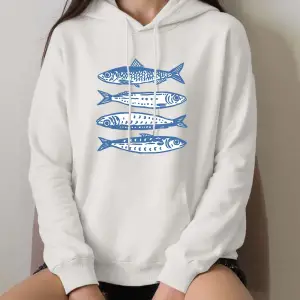 Sardalya Mavi Baskı Hoodies Kadın Rahat Gevşek Kazak Rahat Cep Kazak Sonbahar Kış Polar Sıcak