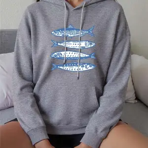 Sardalya Mavi Baskı Hoodies Kadın Rahat Gevşek Kazak Rahat Cep Kazak Sonbahar Kış Polar Sıcak